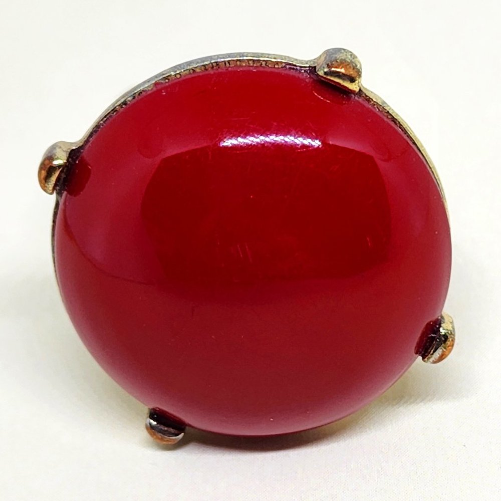 Retro MCM Red Round Cabachon Acrylic Stone Prong Set Stretch Fashion Ring - Picture 2 of 7